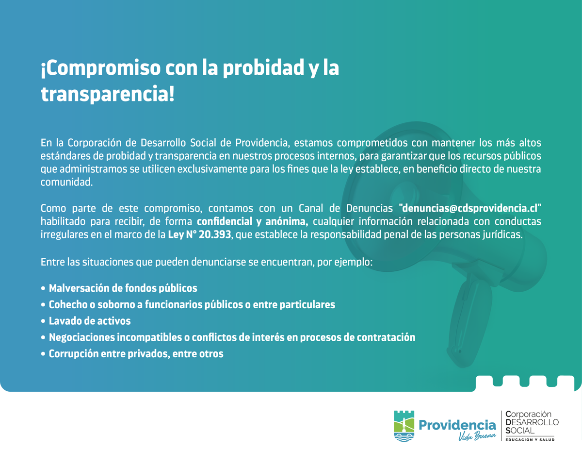 Gráfica institucional del Canal de Denuncias de la Corporación de Desarrollo Social de Providencia. Su contenido está transcrito en el texto de esta página.