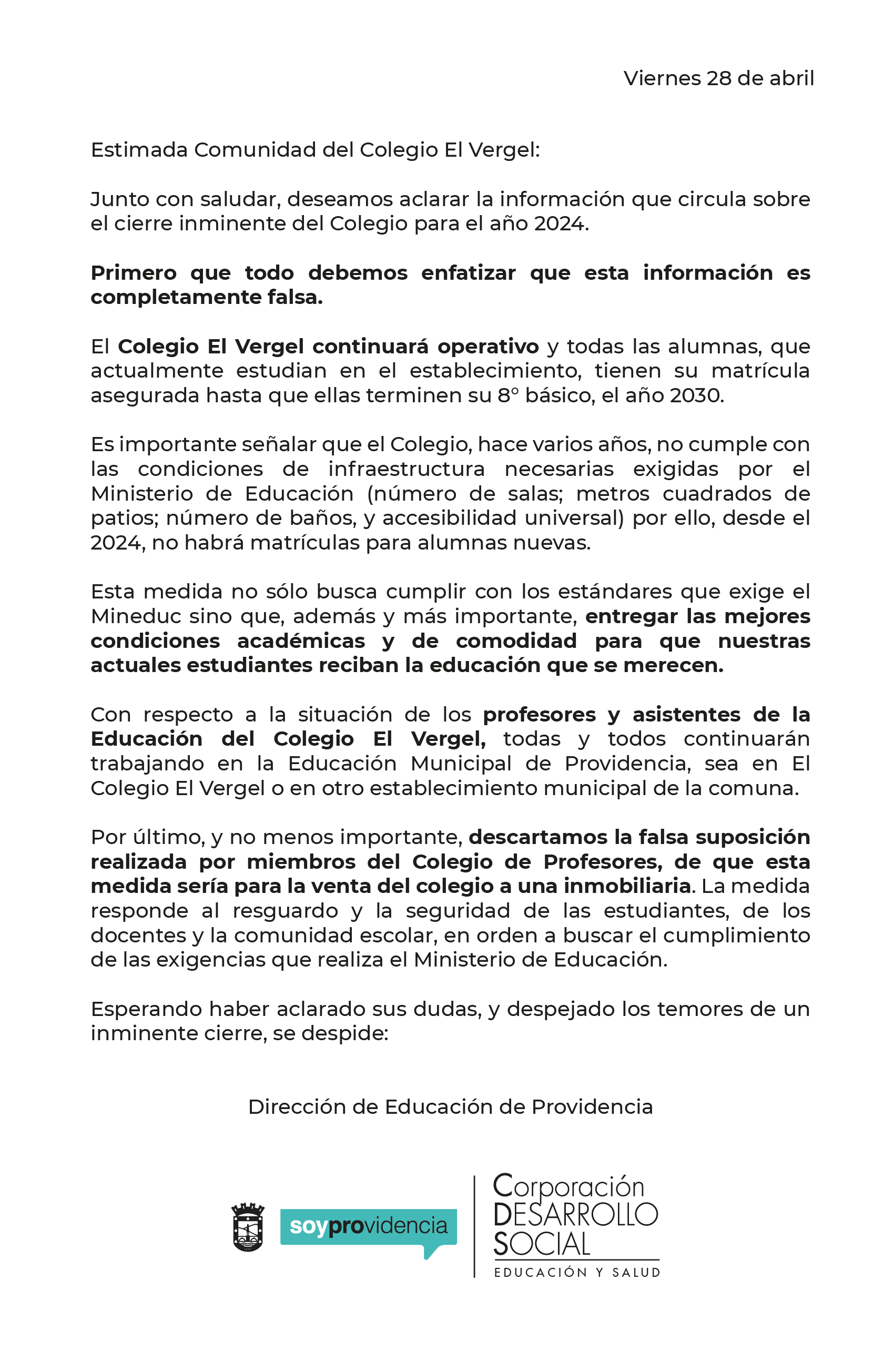 Comunicado Colegio El Vergel
