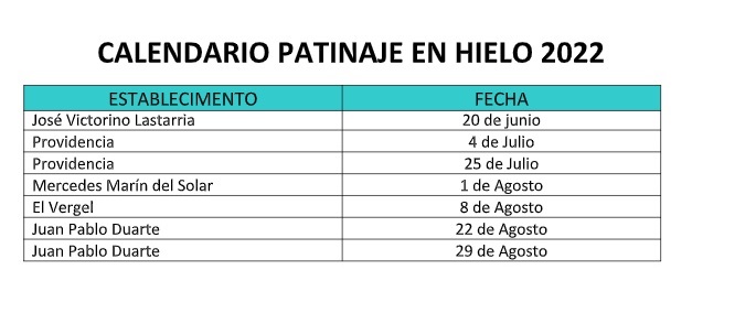 Calendario uso de Pista de Hielo estudiantes colegios y liceos de Providencia