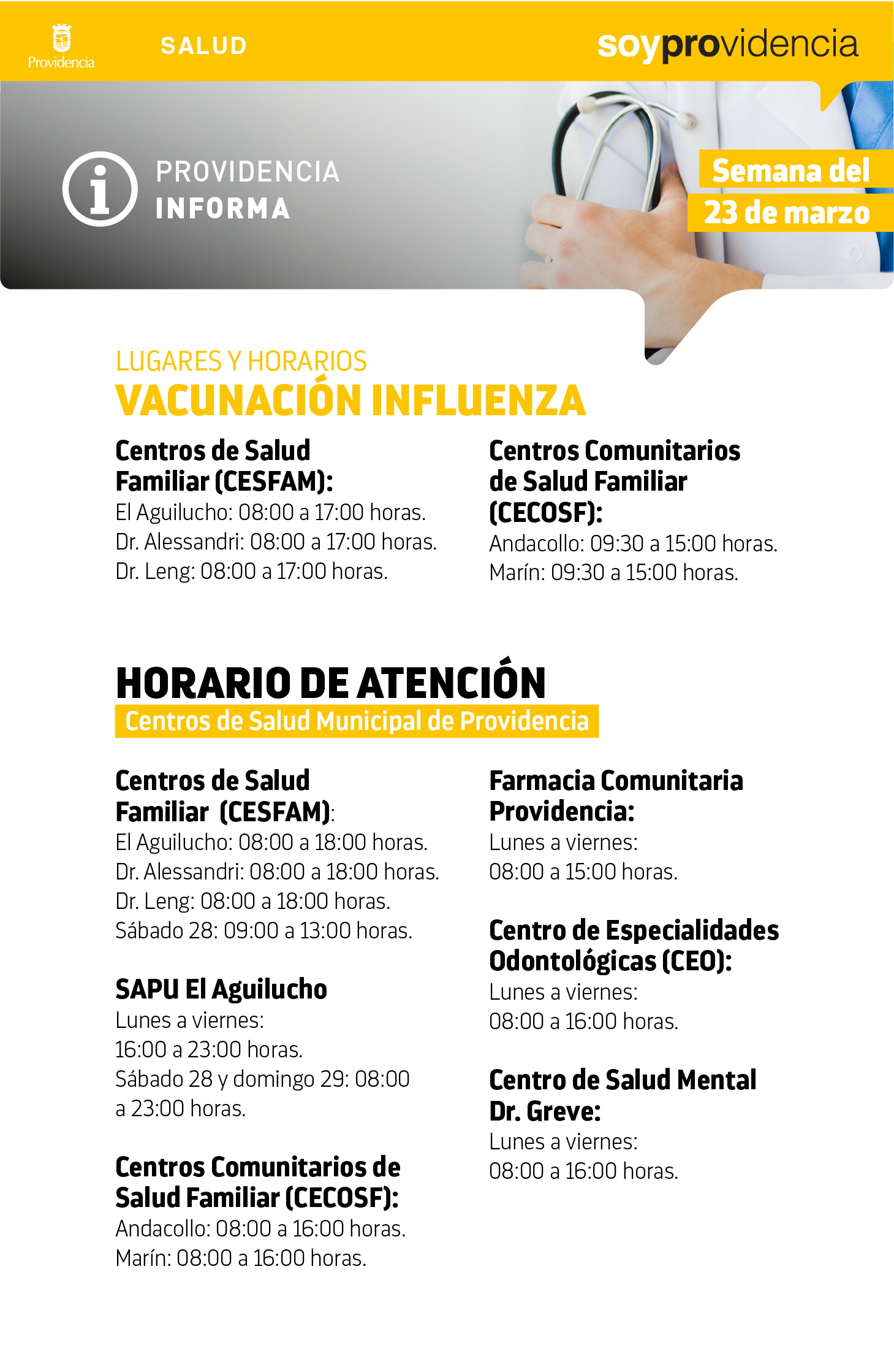 Horarios vacunación y atención Centros de Salud Providencia
