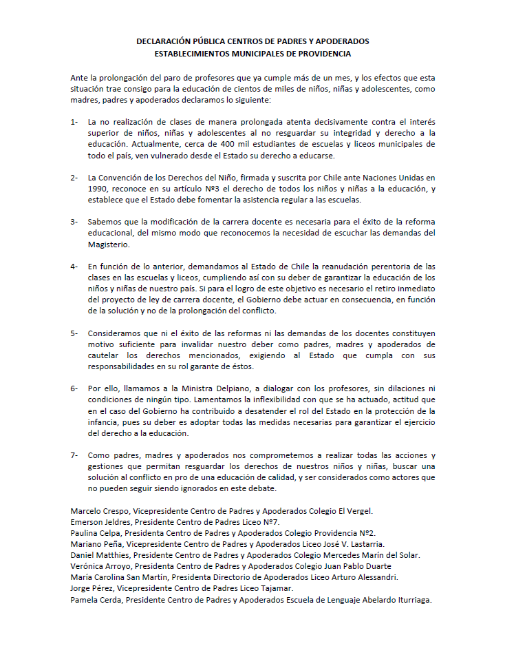 Declaración pública centros de padres y apoderados